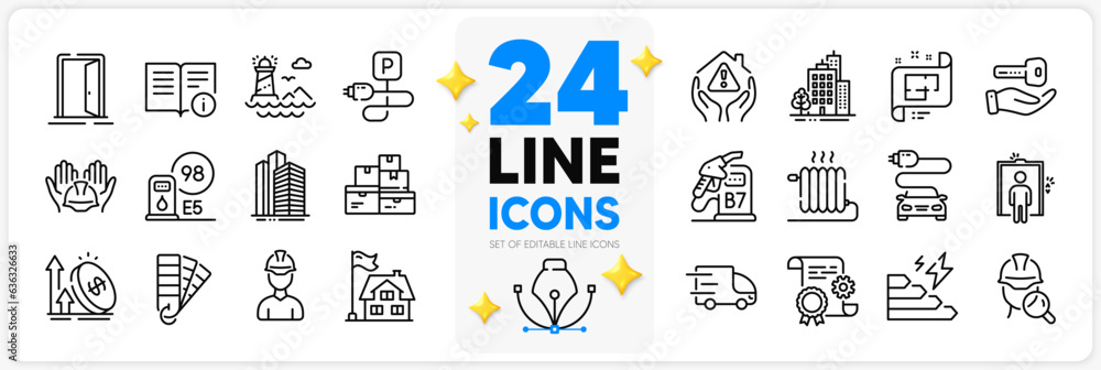 Icons set of Architectural plan, Inspect and Construction document line icons pack for app with Building, Buying house, Diesel station thin outline icon. Technical info, Radiator. Vector