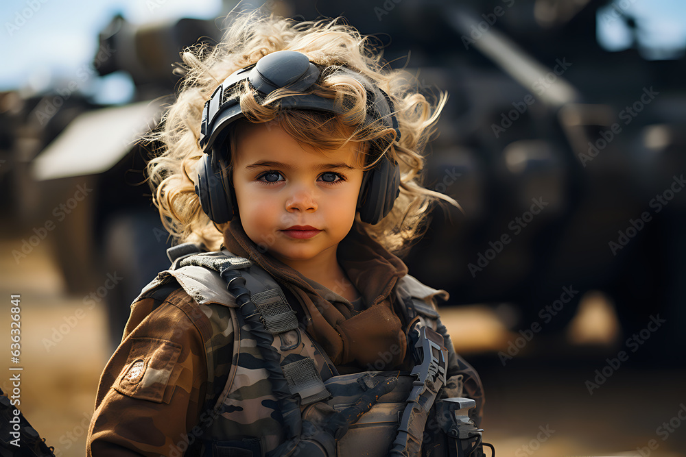a fair-haired Caucasian child in a soldier's uniform and unloading against a blurred background of a tank a fair-haired Caucasian child in a soldier's uniform and unloading against a blurred background of a tank