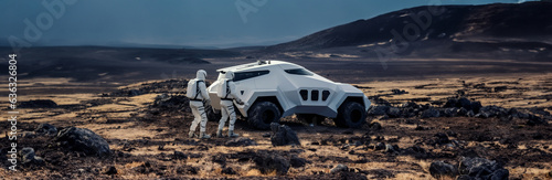 Futuristisches Auto als Testfahrzeug für die Mondlandschaft Simulation mit Mann im Mondoutfit als Querformat für Banner, ai generativ