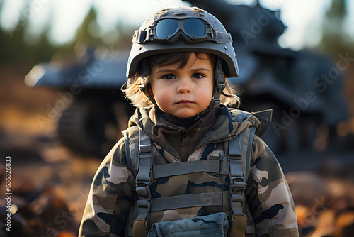 fair-haired child preschooler in a helmet and unloading on a blurred background of the tank