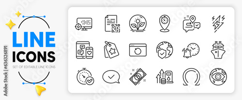 Loyalty tags, World insurance and Timer line icons set for app include Journey, Ship, Social media outline thin icon. Bitcoin, Qr code, Incubator pictogram icon. Lightning bolt. Vector