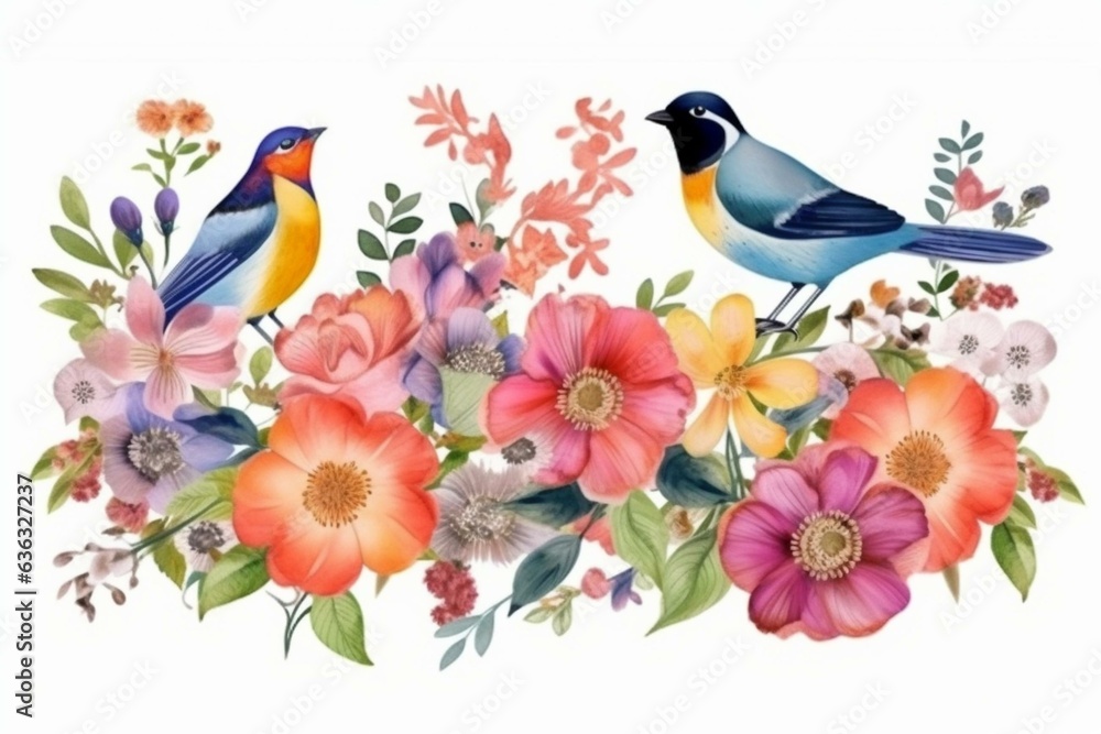 Flowers and birds on a white background for postcards. Generative AI