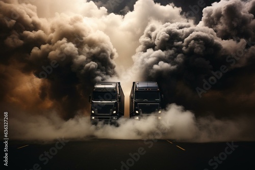 Black semis face each other amidst smoke in a 3D world. Generative AI