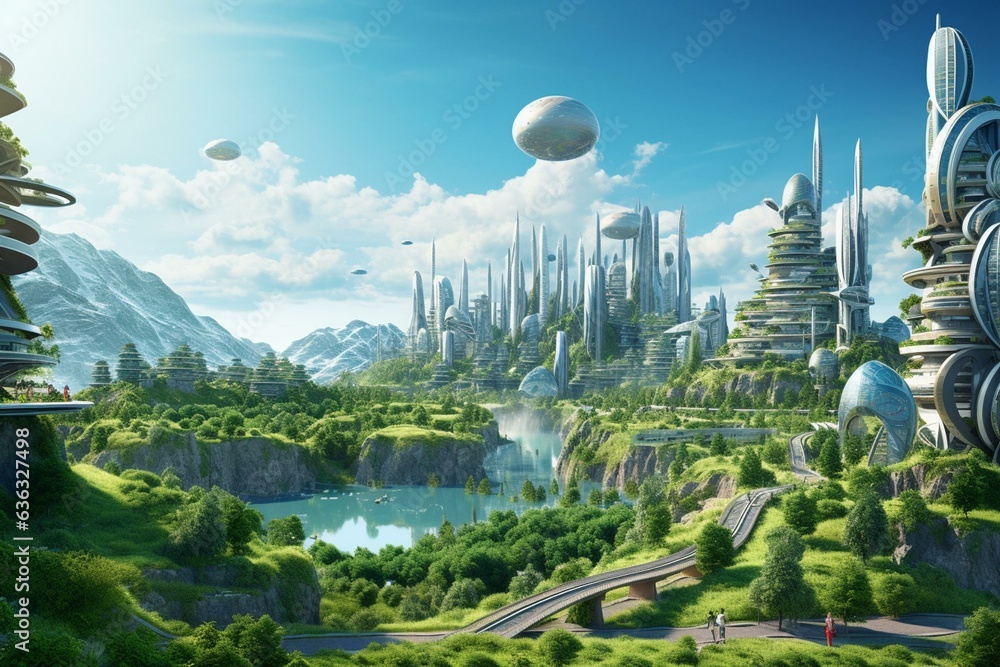 Concept of ecological city under the blue sky emphasizing CO2 reduction and decarbonization. Generative AI