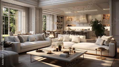 Luxurious interior design living room and white kitchen. Open plan interior