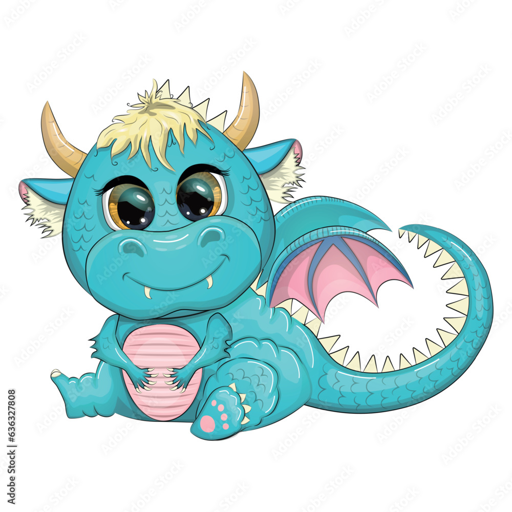 Cute cartoon blue baby dragon with horns and wings. Symbol of 2024 according to the Chinese calendar Cute cartoon blue baby dragon with horns and wings. Symbol of 2024 according to the Chinese calendar