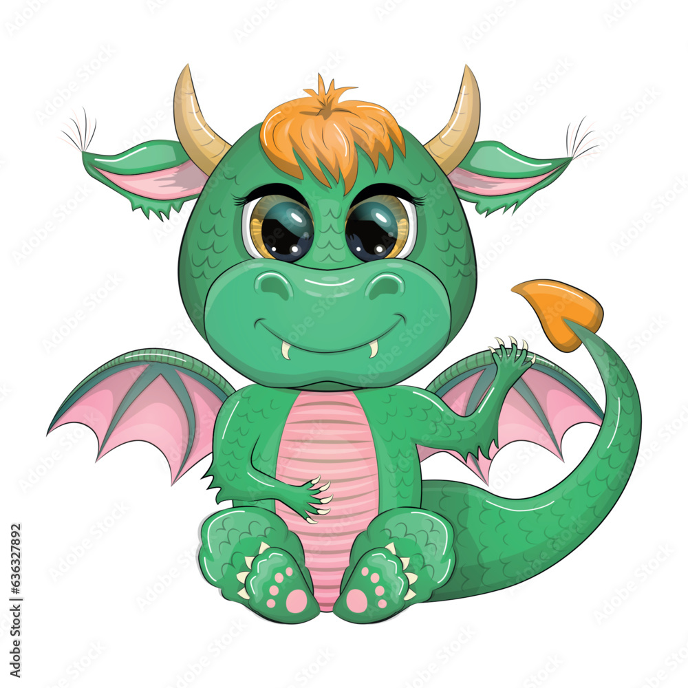 Cute cartoon green baby dragon with horns and wings. Symbol of 2024 according to the Chinese calendar Cute cartoon green baby dragon with horns and wings. Symbol of 2024 according to the Chinese calendar