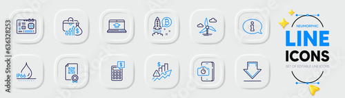 Bitcoin project, Phone photo and Waterproof line icons for web app. Pack of Qr code, Windmill turbine, Website education pictogram icons. Salary, Rise price, Motherboard signs. Vector