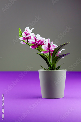 Wallpaper Mural Pink orchid in flower pot on colored violet background. Orchid flower vertical banner with copy space, minimalistic concept. Tropical purple orchid artificial flower in pot on colorful background Torontodigital.ca
