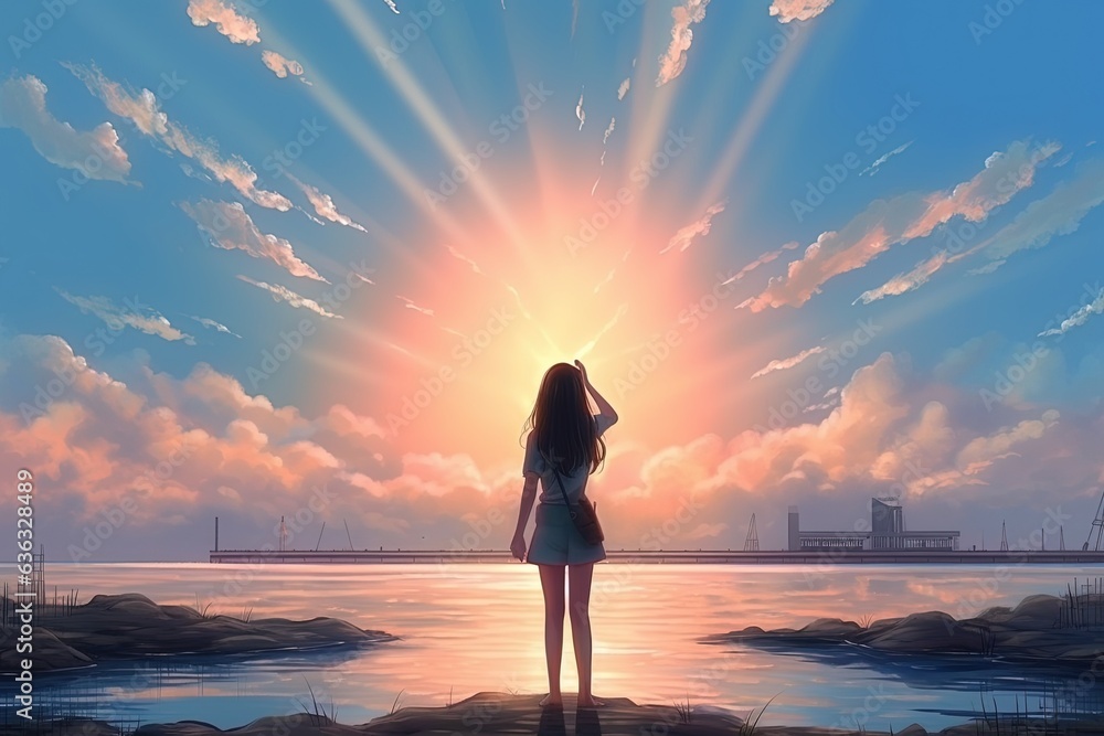 Fototapeta premium anime woman on the beach at sunset