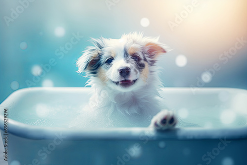 Funny puppy sitting in bathtub waiting for grooming. Banner for pet shop, grooming salon. Generative AI