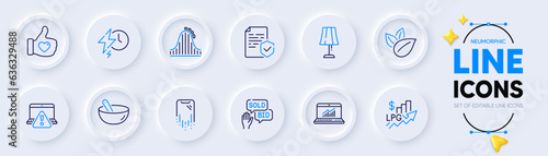 Cooking mix, Online warning and Online statistics line icons for web app. Pack of Organic product, Table lamp, Roller coaster pictogram icons. Smartphone recovery, Certificate, Bid offer signs. Vector