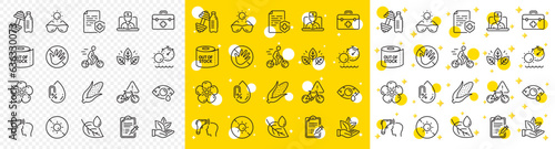 Outline Electronic thermometer, Vaccine report and Cyclist line icons pack for web with Do not touch, No alcohol, Natural linen line icon. Dumbbell, Toilet paper, Tanning time pictogram icon. Vector