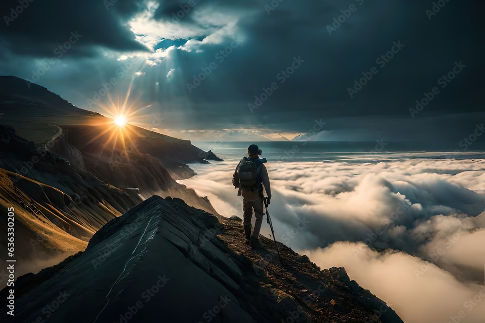 a man on the top peak of mountain sunset scene and clouds are down 
