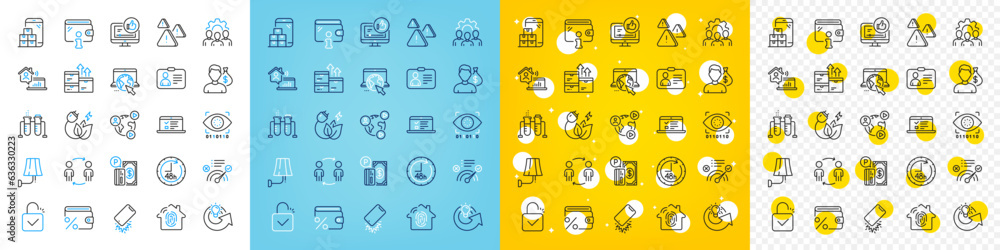 Vector icons set of Work home, Id card and Mobile inventory line icons pack for web with Chemistry beaker, Wholesale goods, Smartphone broken outline icon. Correct answer. Vector