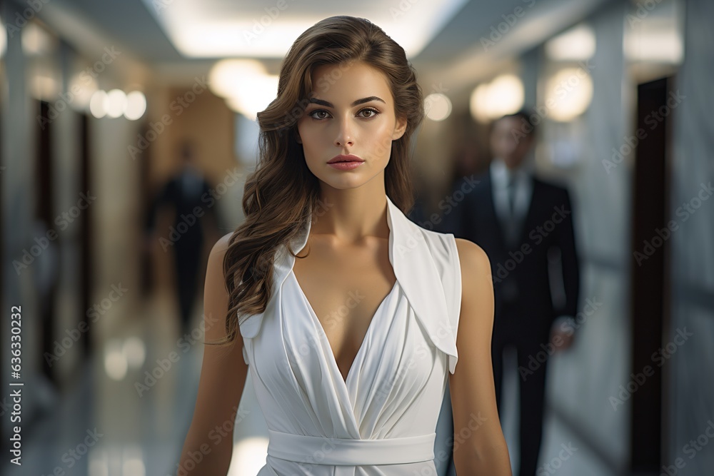 Elegance in the Hallway. Beautiful Woman in Dress. Captivating Grace and Style on Display. Generative Ai Elegance in the Hallway. Beautiful Woman in Dress. Captivating Grace and Style on Display. Generative Ai