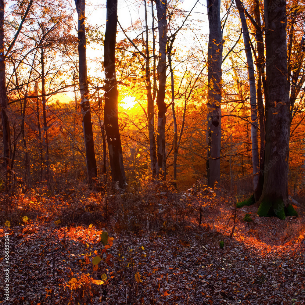 Autumn forest at sunset