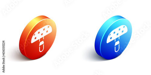 Isometric Amanita muscaria or fly agaric hallucinogenic toadstool mushroom icon isolated on white background. Spotted poisonous mushroom. Orange and blue circle button. Vector