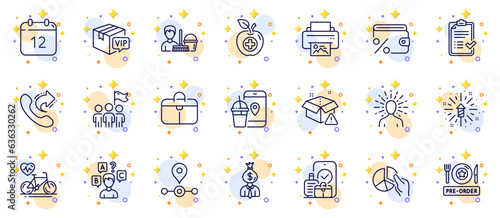 Outline set of Fireworks explosion, Pie chart and Handbag line icons for web app. Include Approved checklist, Carry-on baggage, Vip parcel pictogram icons. Savings tax, Station. Vector