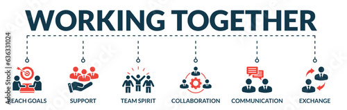 Banner of working together web vector illustration concept with icons of reach goal, support, team spirit, collaboration, communication, exchange