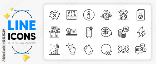 Bid offer, Money tax and Teamwork question line icons set for app include Info, Technical documentation, Move gesture outline thin icon. Electricity, World globe, Loan percent pictogram icon. Vector