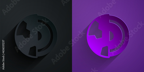 Paper cut Earth core structure crust icon isolated on black on purple background. Paper art style. Vector