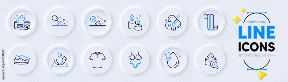 Skin care, T-shirt and Sun protection line icons for web app. Pack of Lingerie, Moisturizing cream, Vitamin h1 pictogram icons. Scarf, Vitamin e, Cream signs. Aroma candle, Shoes. Vector