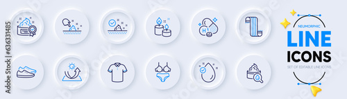 Skin care, T-shirt and Sun protection line icons for web app. Pack of Lingerie, Moisturizing cream, Vitamin h1 pictogram icons. Scarf, Vitamin e, Cream signs. Aroma candle, Shoes. Vector