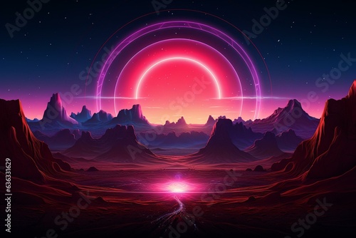 An otherworldly desert mountain landscape filled with vibrant neon celestial shapes and a radiant central halo circle. Generative AI © Moriko
