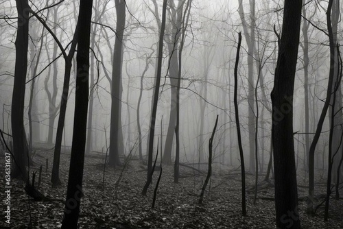 Eerie dark forest in shades of gray. Generative AI