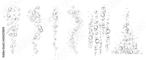 Carbonated water fizz bubbles. Underwater fizzing air scattered bubble flow for aerated sparkling drinks. Floating oxygen spheres visual effect vector illustration