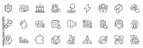 Icons pack as Medical support, Calendar and Chemistry lab line icons for app include Elastic, Patient, Puzzle outline thin icon web set. Chemical formula, Yoga, Management pictogram. Blood. Vector