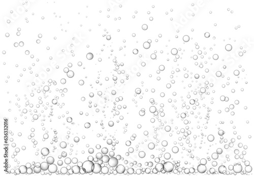 Fizzing bubbly water effect. Transparent rising air bubbles, boiling liquid with stream of steam. Sparkling drink vector background illustration