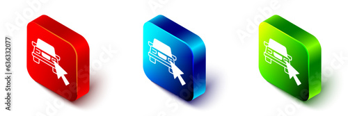 Isometric Online car sharing icon isolated on white background. Online rental car service. Online booking design concept for laptop. Red, blue and green square button. Vector