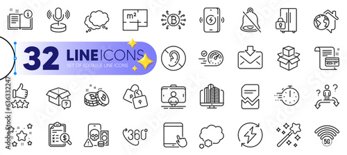 Outline set of Locks, Selfie stick and Renewable power line icons for web with Speech bubble, Talk bubble, Manual thin icon. Speedometer, Payment card, Mute pictogram icon. Microphone. Vector
