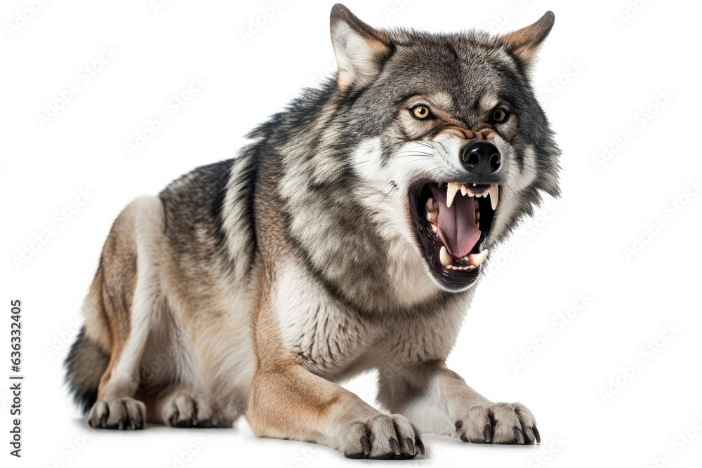 Obraz premium Growling aggressive wolf on a white background.