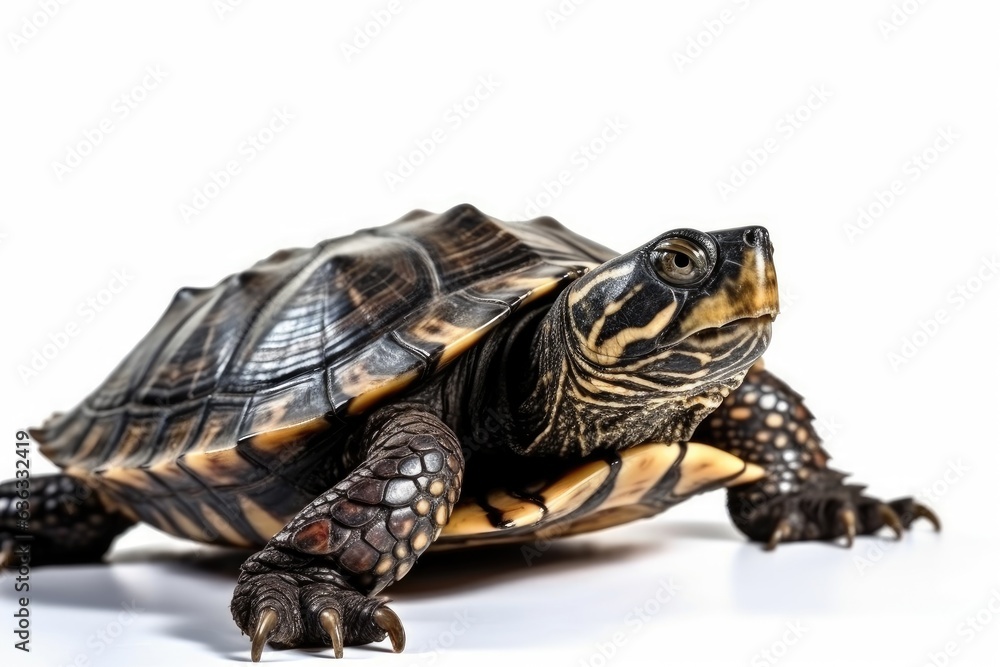 Reptile turtle in a shell on a white background. Reptile turtle in a shell on a white background.
