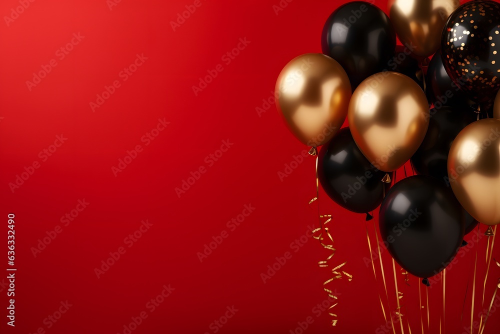 Black and gold air balloons on red background. Festive decoration Black and gold air balloons on red background. Festive decoration