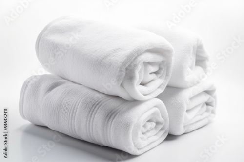 A set of rolled white towels on a white background.