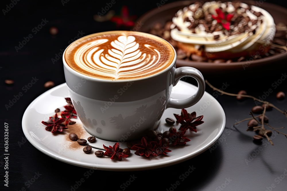 Cup of latte art,capuccino with cake view on top Cup of latte art,capuccino with cake view on top