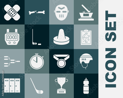 Set Fitness shaker, Hockey helmet, Planning strategy, mask, Ice hockey stick and puck, Stopwatch, Crossed bandage plaster and Mallet for playing air icon. Vector