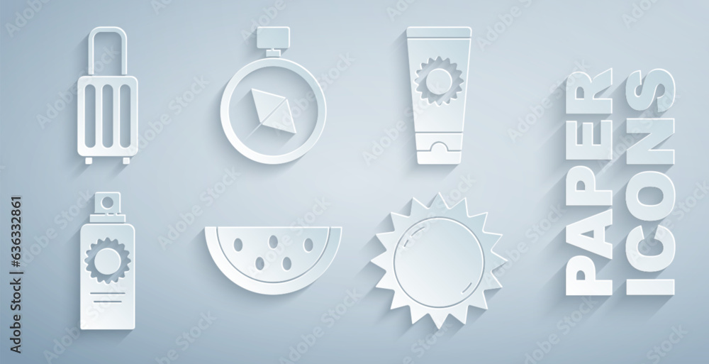 Set Watermelon, Sunscreen cream in tube, spray bottle, Compass and Suitcase icon. Vector Set Watermelon, Sunscreen cream in tube, spray bottle, Compass and Suitcase icon. Vector