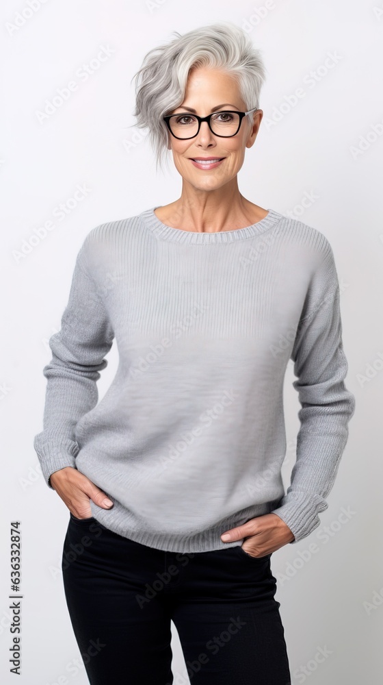 Lifestyle studio portrait photography of a beautiful woman in her 60s on a light background Lifestyle studio portrait photography of a beautiful woman in her 60s on a light background