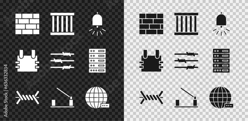 Set Bricks, Prison window, Ringing alarm bell, Barbed wire, Parking car barrier, Social network, Bulletproof vest and icon. Vector