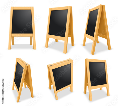Outdoor chalk menu blackboards mockup. Empty wooden blackboard display template, stand signboard and framed chalkboard 3D vector illustration set