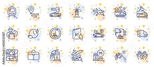 Outline set of Train, Mountain bike and Charging time line icons for web app. Include Supply chain, Metro map, Delivery man pictogram icons. Lighthouse, Diesel station, Handbag signs. Vector