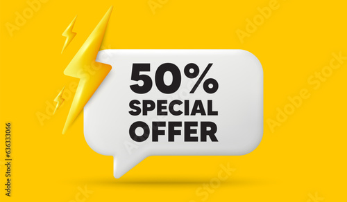 50 percent discount offer tag. 3d speech bubble banner with power energy. Sale price promo sign. Special offer symbol. Discount chat speech message. 3d offer talk box. Vector