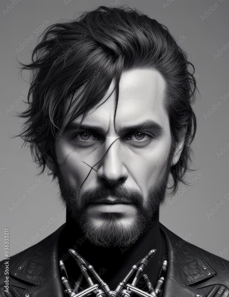 Obraz premium man guy rock musician look in camera on black color background, black and white background, black hair, body is ai Generative AI
