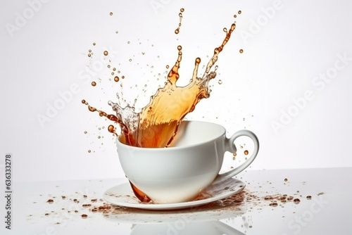 Isolated white cup with tea splash. Generative AI