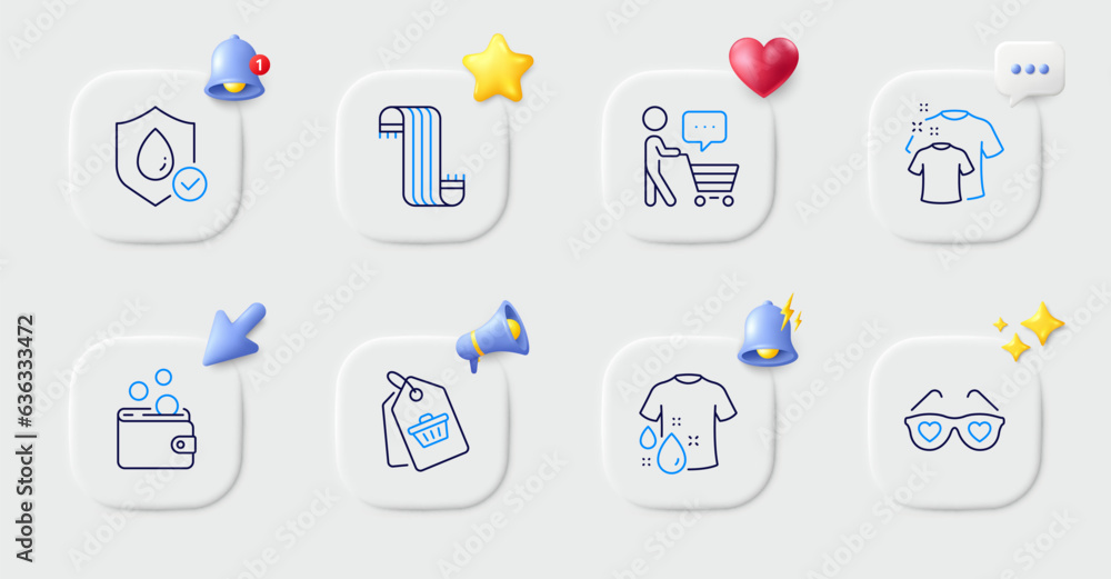 Waterproof, Love glasses and Scarf line icons. Buttons with 3d bell, chat speech, cursor. Pack of Wash t-shirt, Sale tag, Buyer think icon. Clean t-shirt, Wallet money pictogram. Vector Waterproof, Love glasses and Scarf line icons. Buttons with 3d bell, chat speech, cursor. Pack of Wash t-shirt, Sale tag, Buyer think icon. Clean t-shirt, Wallet money pictogram. Vector